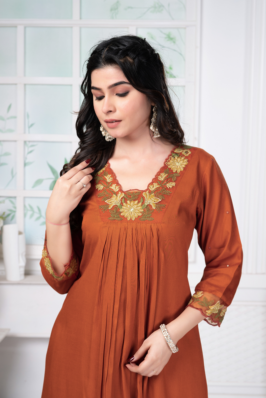 Cotton Rust Orange Embroidered Set