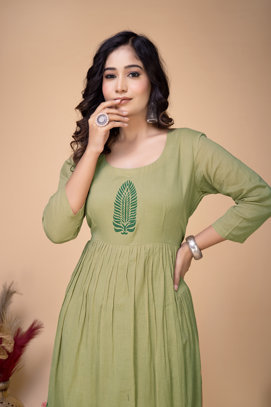 MOSS GREEN COTTON BLOCKPRINTED MIDI