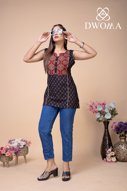 Black Pure Gamthi Cotton Short Kurti