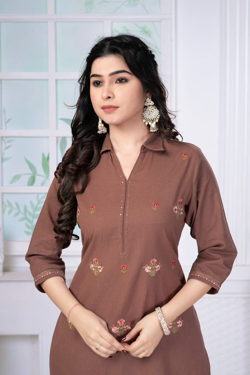 Dusky Brown Embroidered Cotton Set