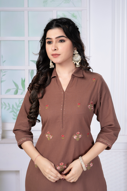 Dusky Brown Embroidered Cotton Set
