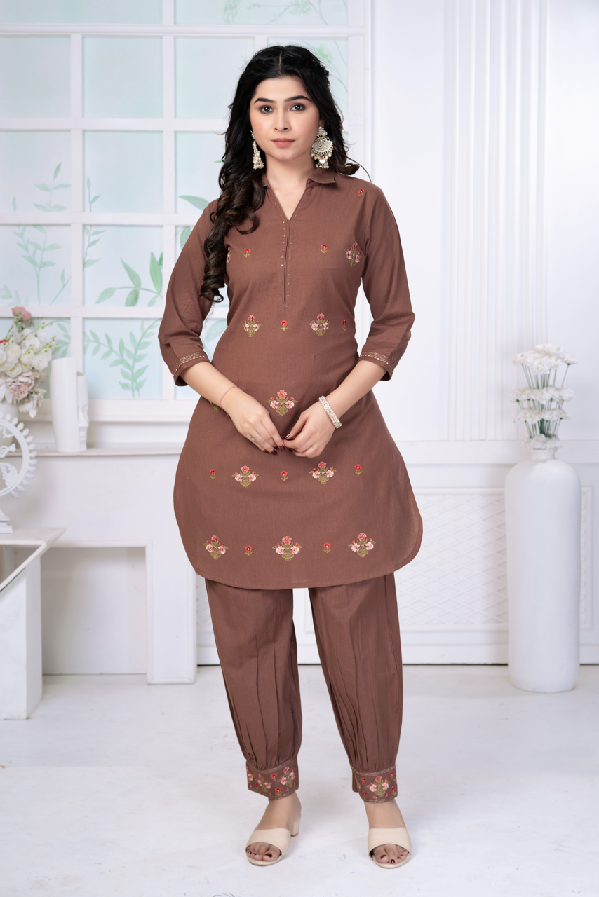 Dusky Brown Embroidered Cotton Set