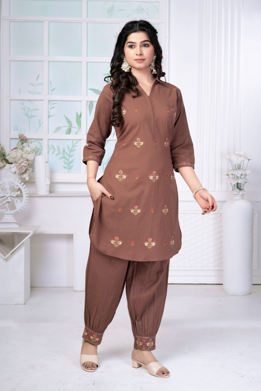 Dusky Brown Embroidered Cotton Set