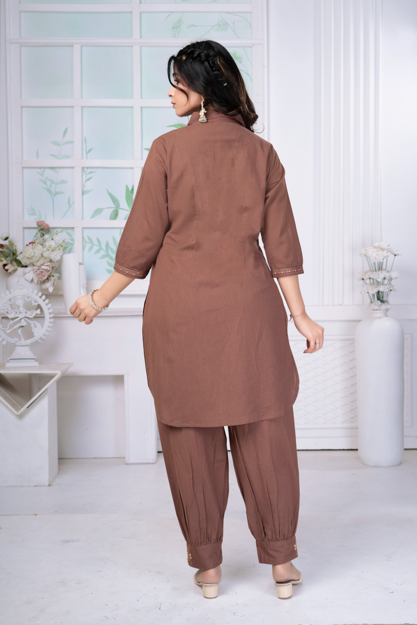 Dusky Brown Embroidered Cotton Set