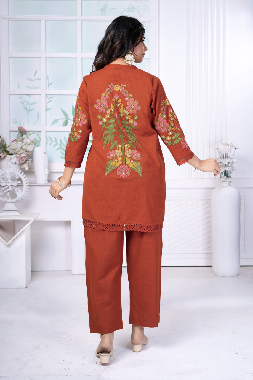 Rust Orange Embroidered Cotton Set