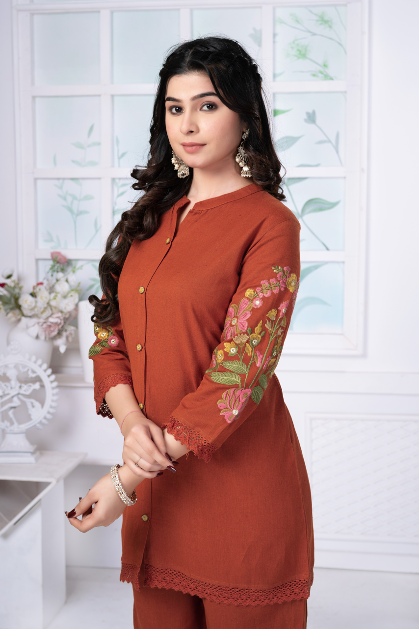 Rust Orange Embroidered Cotton Set