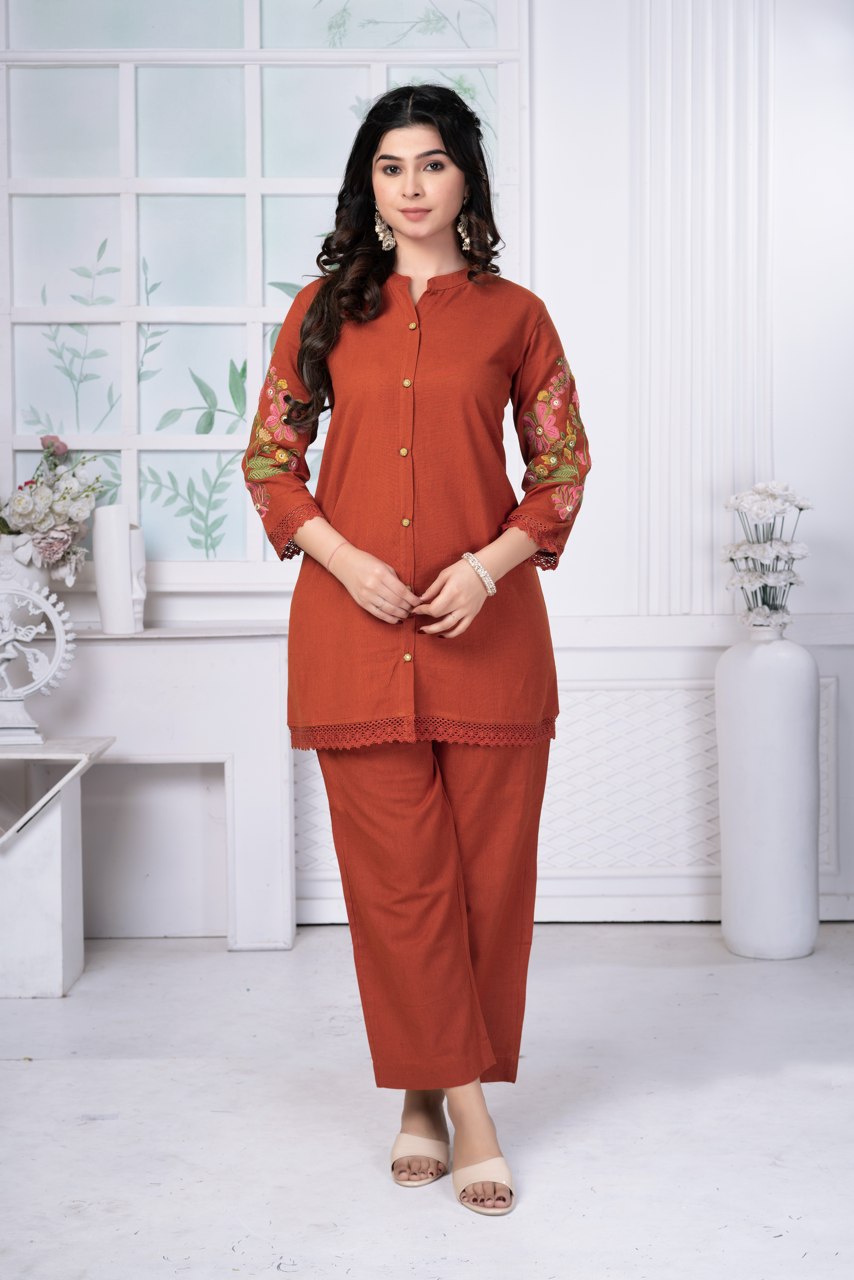 Rust Orange Embroidered Cotton Set