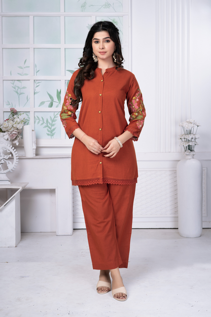 Rust Orange Embroidered Cotton Set