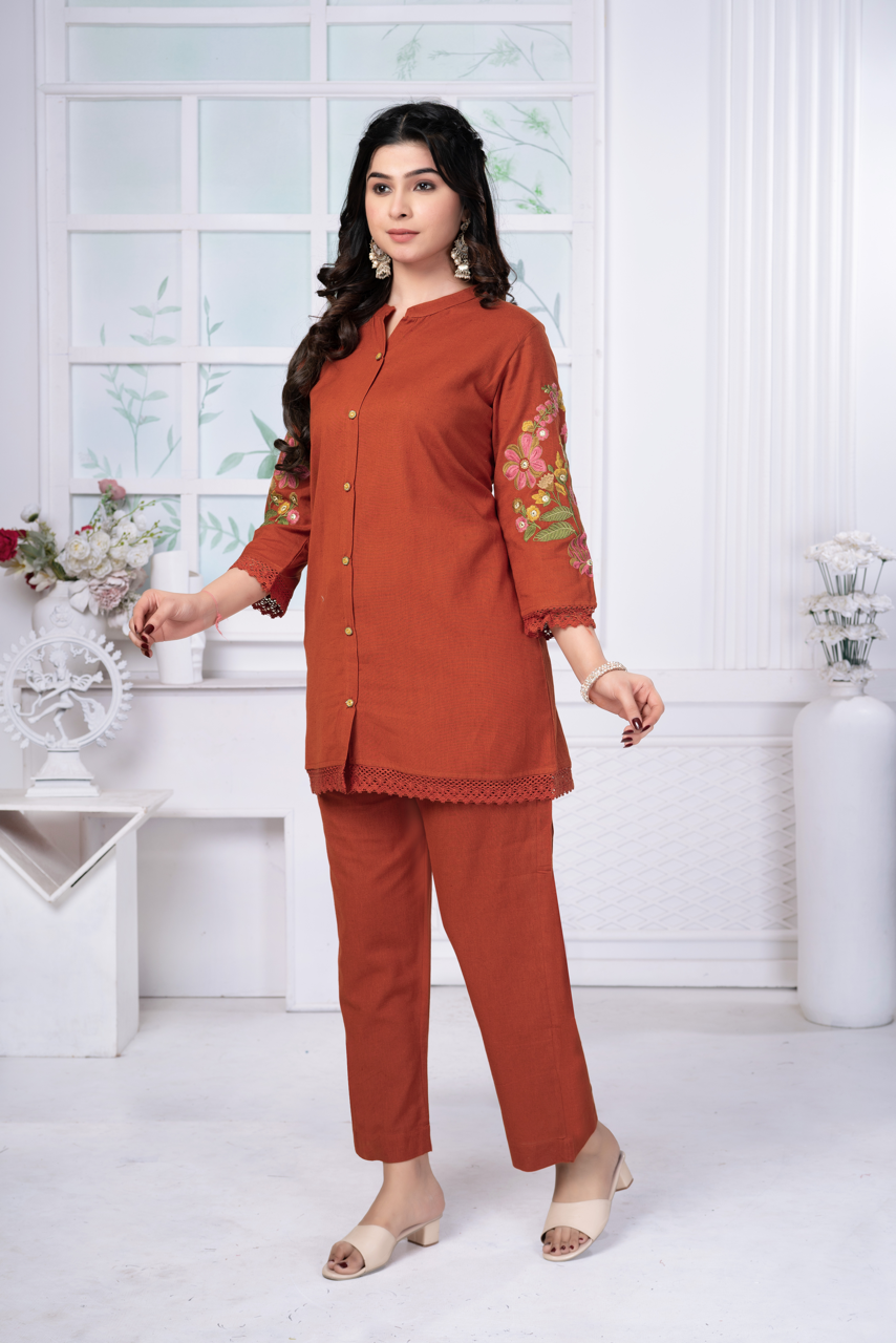 Rust Orange Embroidered Cotton Set