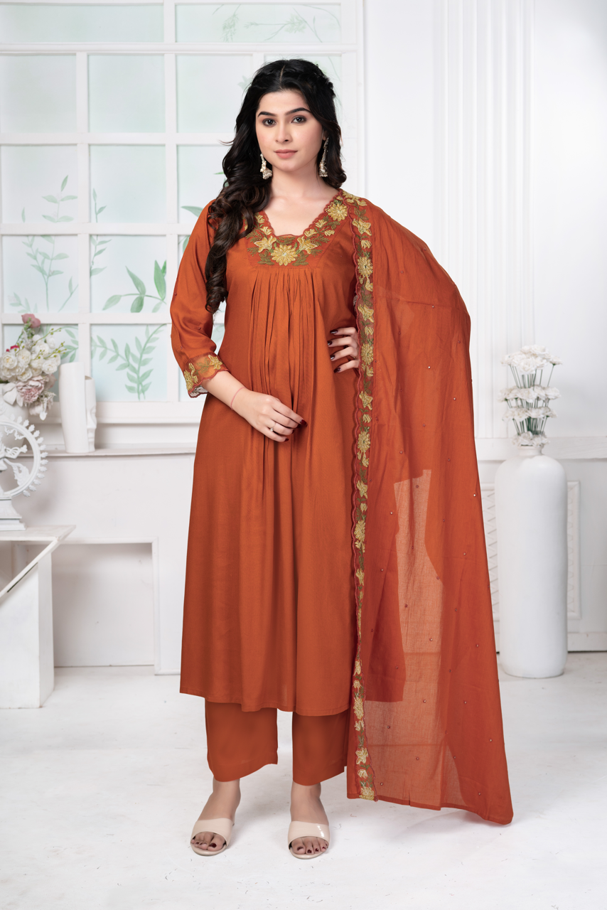 Cotton Rust Orange Embroidered Set