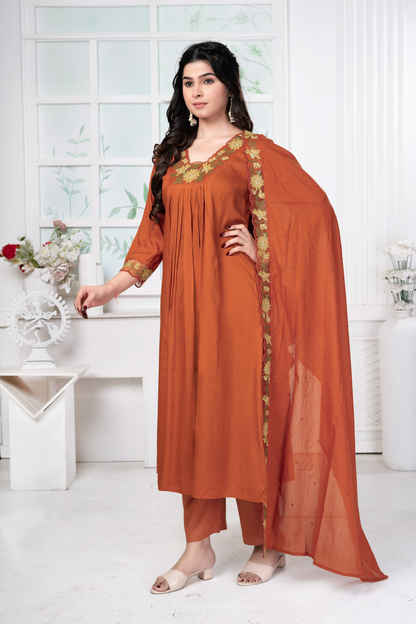 Cotton Rust Orange Embroidered Set