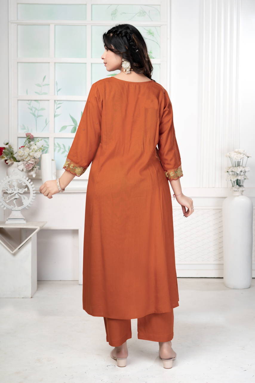 Cotton Rust Orange Embroidered Set
