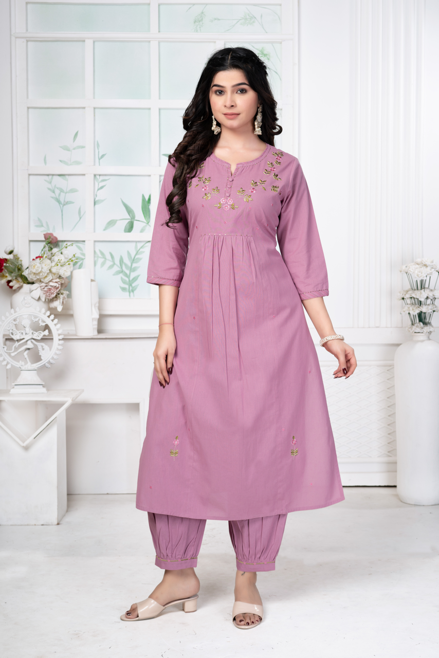 Light Onion Pink Embroidered Pure Cotton Set