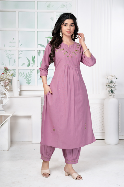 Light Onion Pink Embroidered Pure Cotton Set
