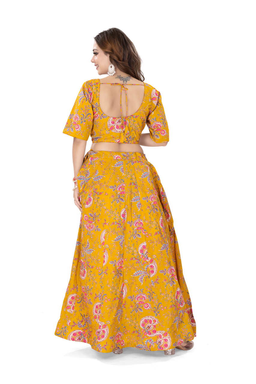 MUSTARD PURE COTTON LEHENGA SET