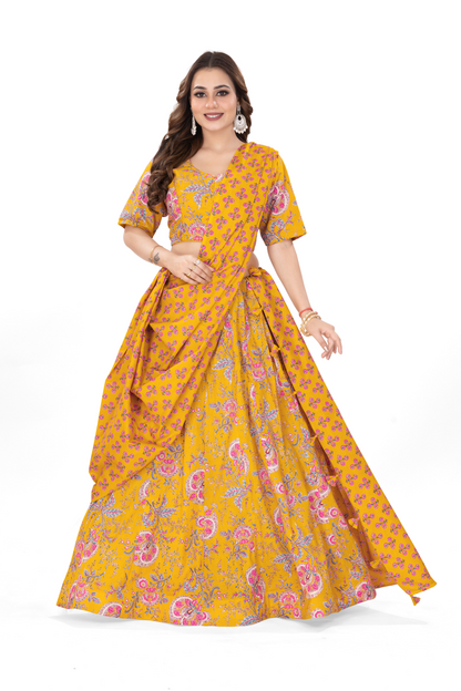MUSTARD PURE COTTON LEHENGA SET