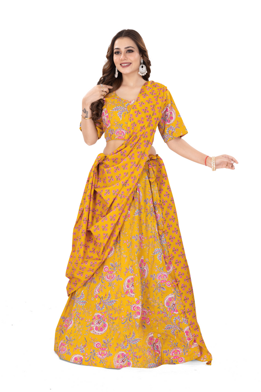 MUSTARD PURE COTTON LEHENGA SET