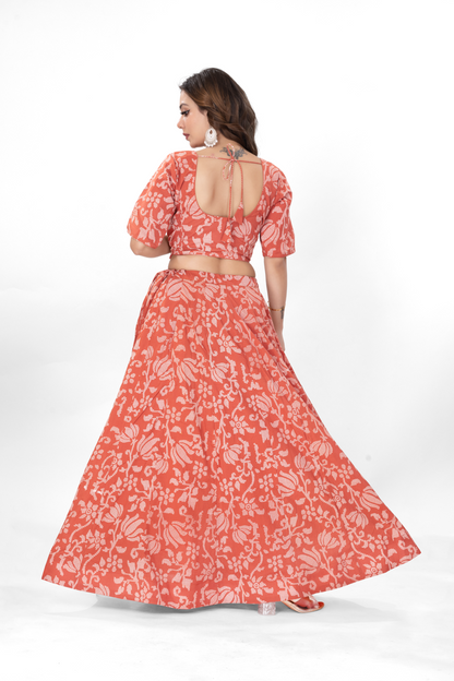 PEACH FLORAL COTTON LEHENGA SET