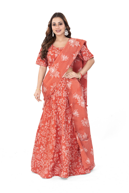 PEACH FLORAL COTTON LEHENGA SET
