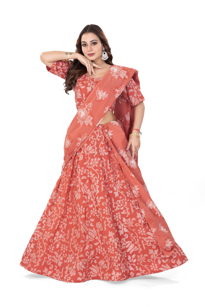 PEACH FLORAL COTTON LEHENGA SET
