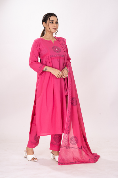 GLARE PINK BLOCKPRINTED KURTA SET