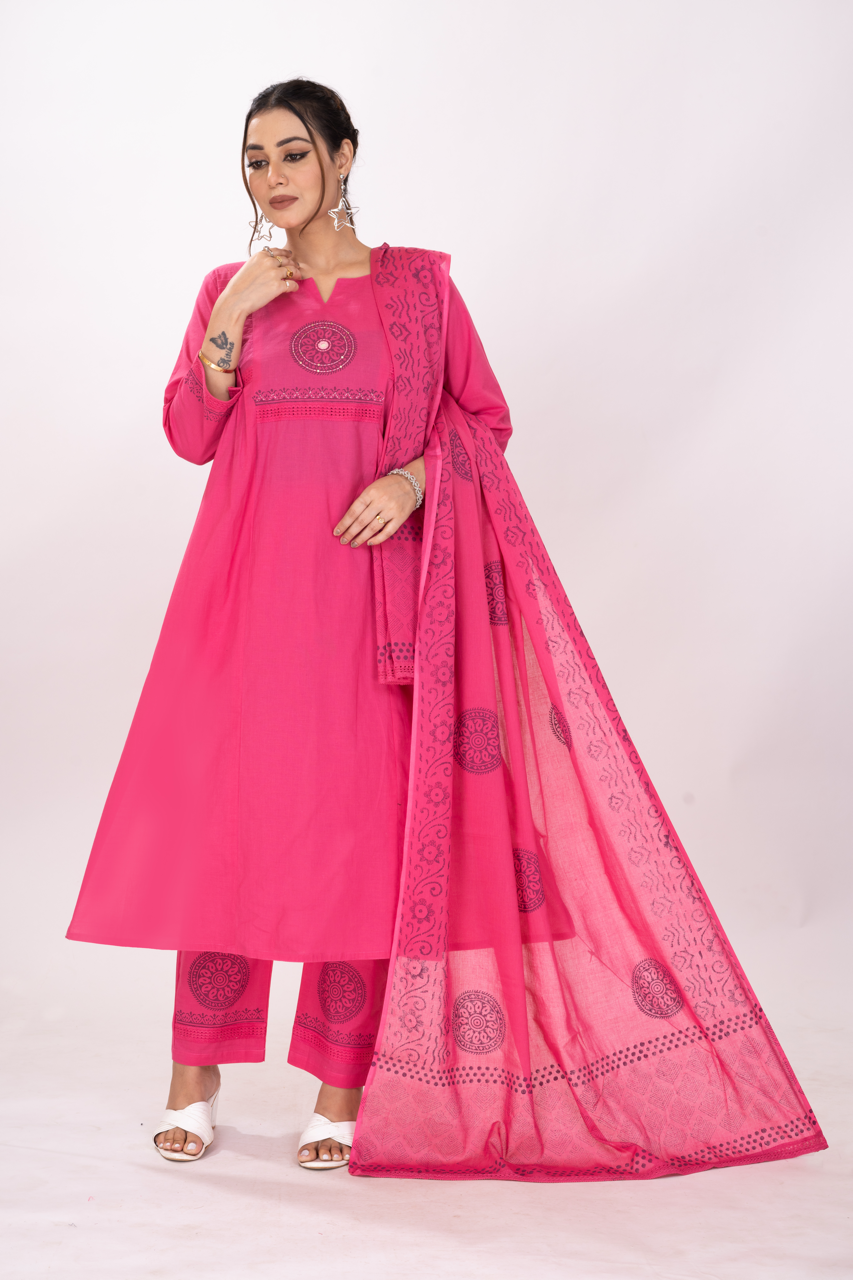 GLARE PINK BLOCKPRINTED KURTA SET