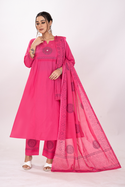 GLARE PINK BLOCKPRINTED KURTA SET