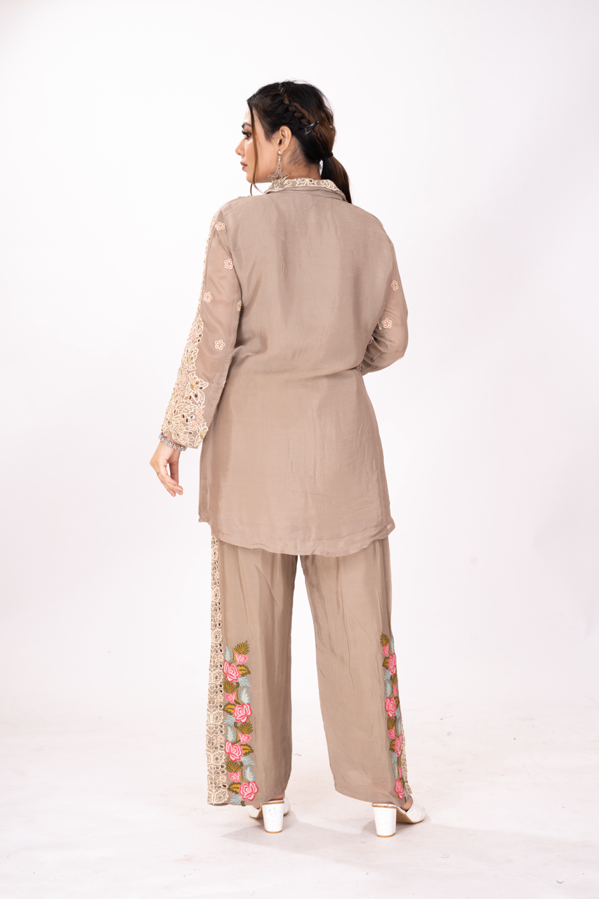 GREIGE EMBROIDERED CO-ORD SET