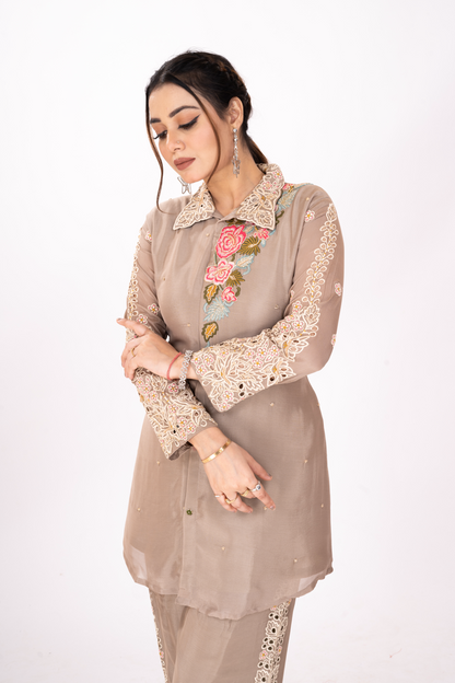 GREIGE EMBROIDERED CO-ORD SET