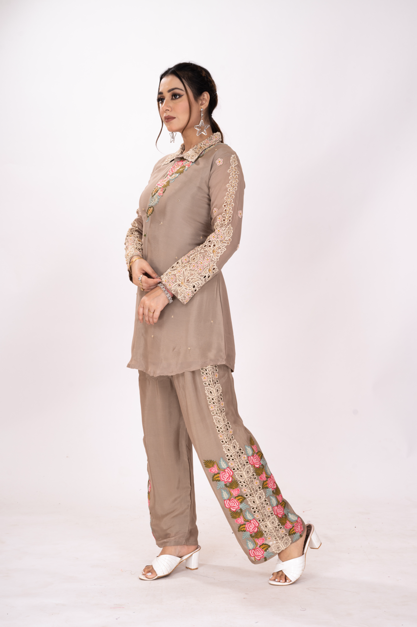 GREIGE EMBROIDERED CO-ORD SET
