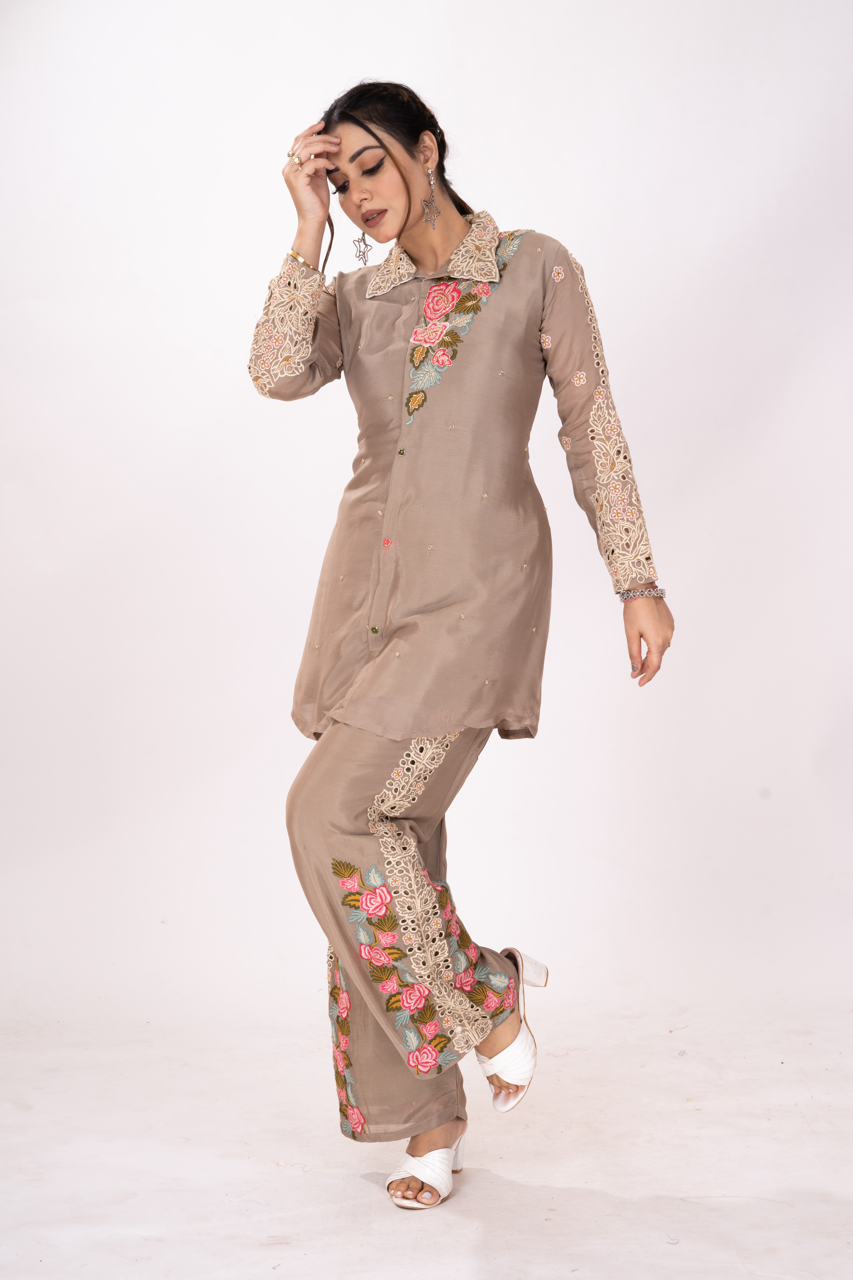 GREIGE EMBROIDERED CO-ORD SET