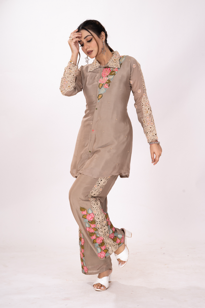 GREIGE EMBROIDERED CO-ORD SET