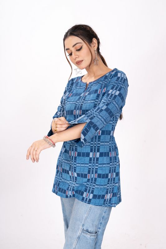 INDIGOFILE BLUECHECKS SHORT TOP KURTI