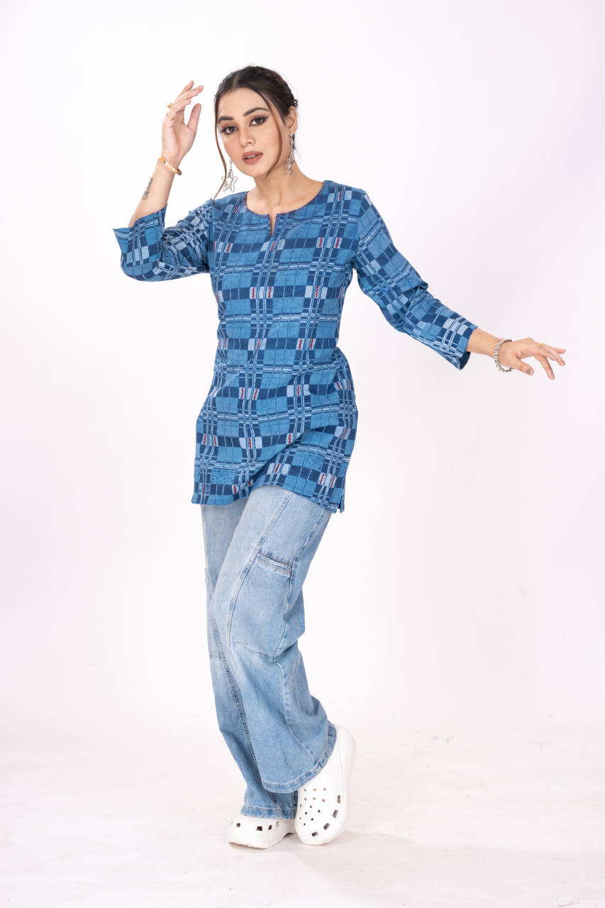 INDIGOFILE BLUECHECKS SHORT TOP KURTI