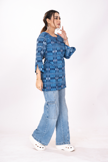 INDIGOFILE BLUECHECKS SHORT TOP KURTI