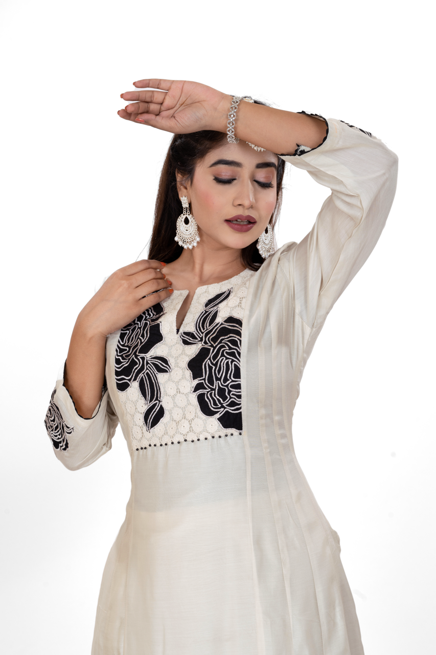 PEARL WHITE BLACK ROSE DRESS