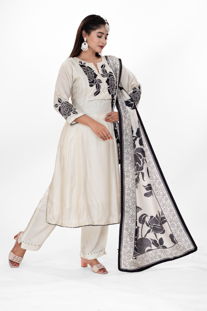 PEARL WHITE BLACK ROSE DRESS