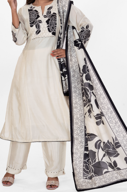 PEARL WHITE BLACK ROSE DRESS