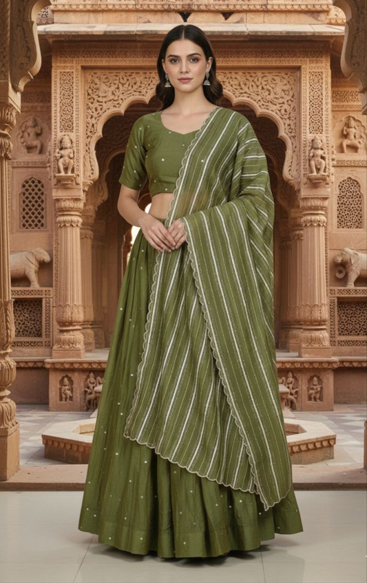 Olive Secret Garden Mul Chanderi Lehenga Set