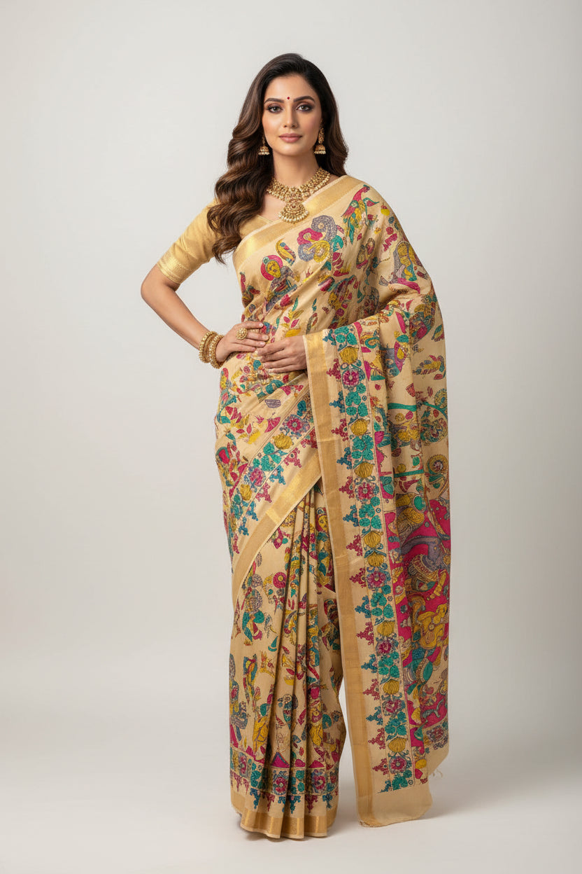Colorful saree with traditional kalamkari design