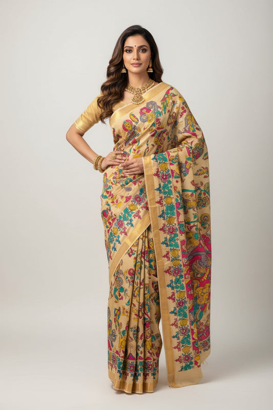 Colorful saree with traditional kalamkari design