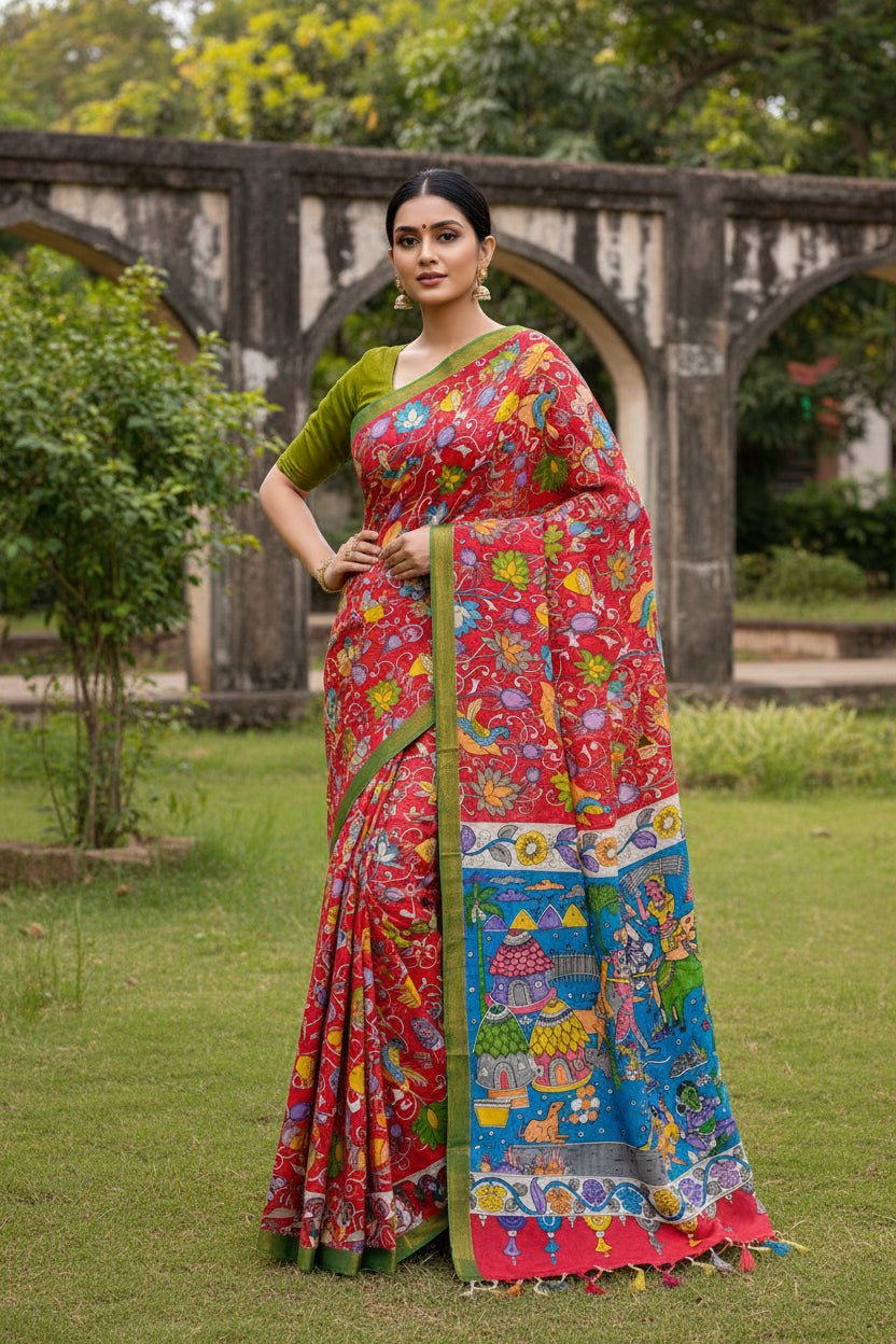 Kalamkari Colorful traditional fabric with intricate patterns and characters on a red and blue background.