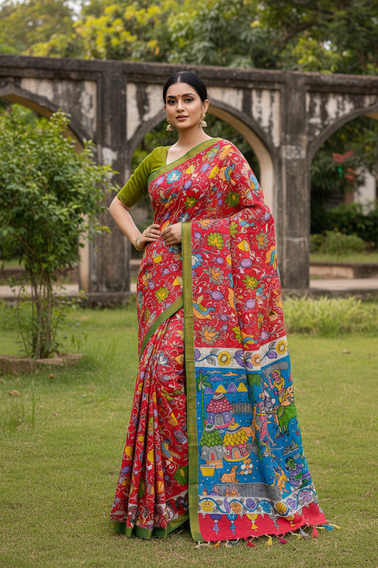 Kalamkari Colorful traditional fabric with intricate patterns and characters on a red and blue background.