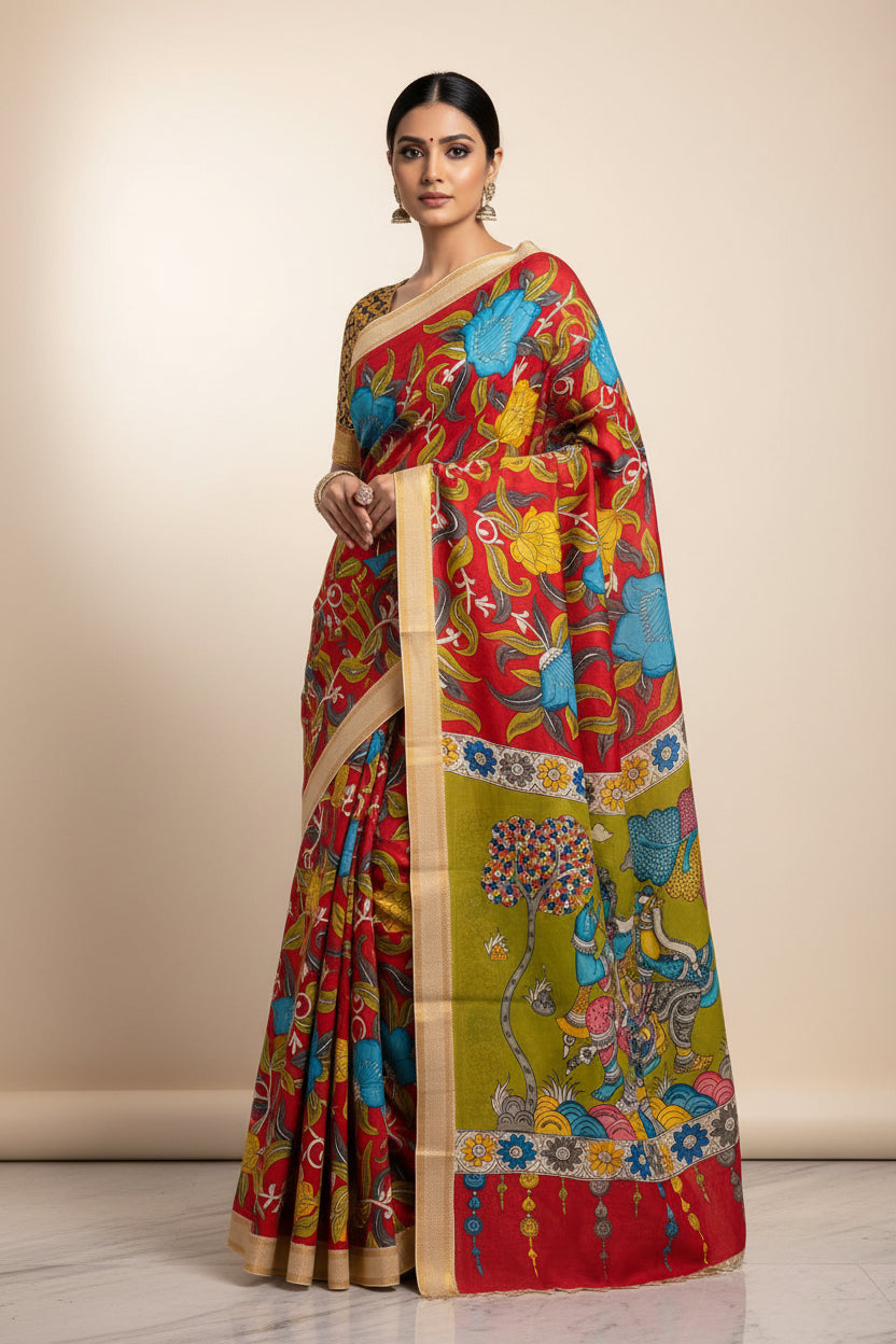 Colorful fabric with intricate designs and figures on a wooden surface