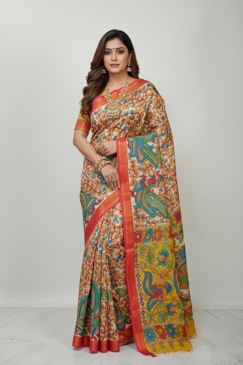 Colorful patterned fabric with intricate designs on a plain background