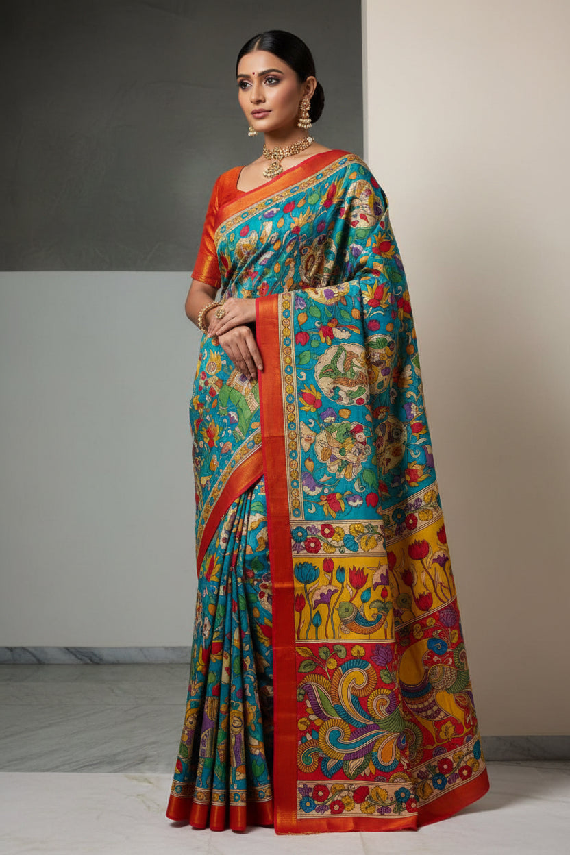 KALAMKARI HAND PAINTED SILK SAREE PRKRITI EDITION MOR
