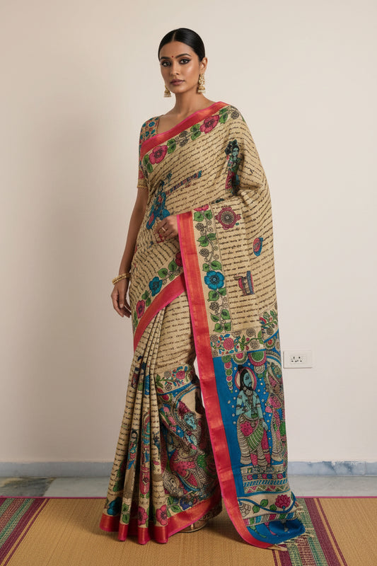 Colorful tapestry with intricate hand painted designs and patterns on a beige background