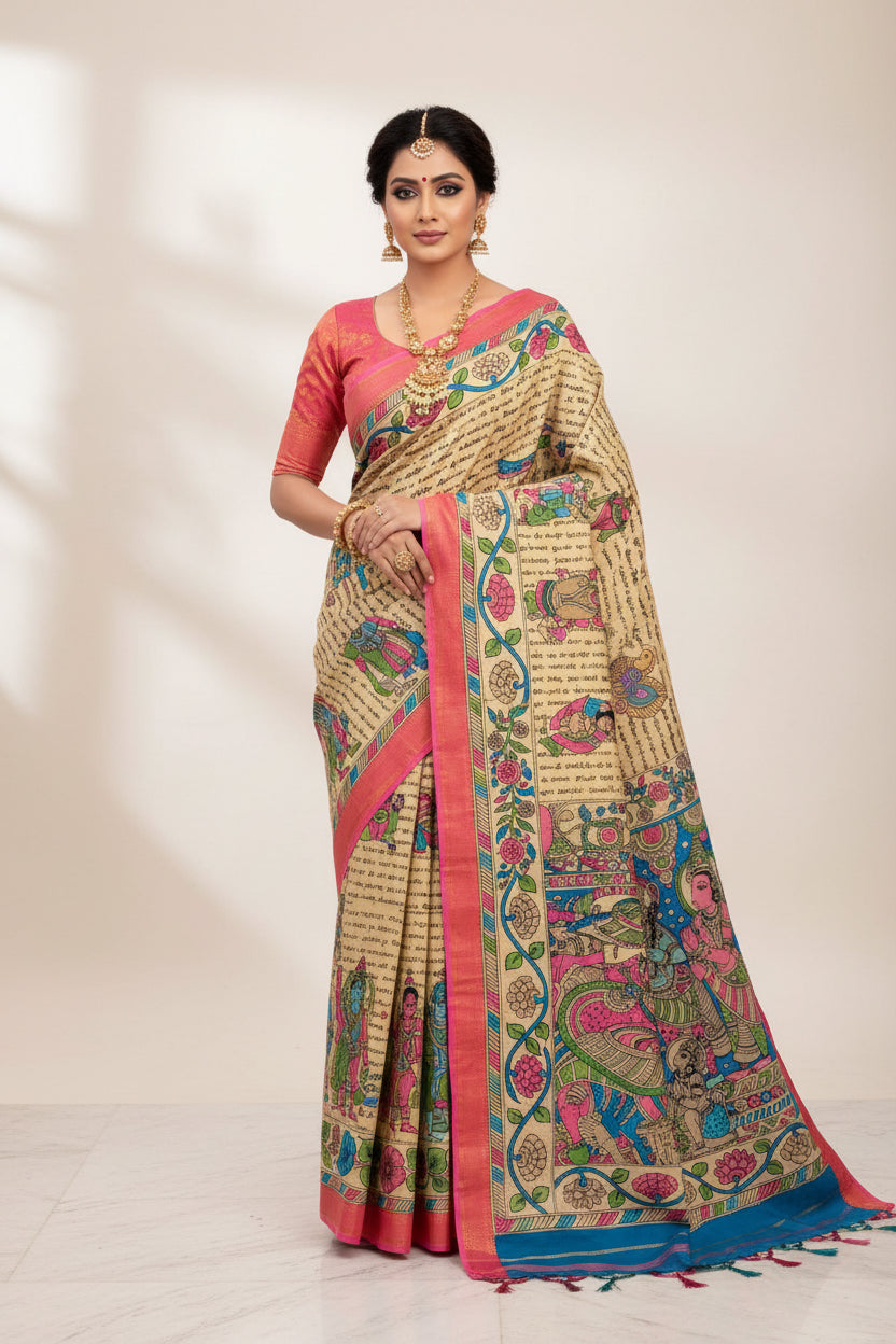 Colorful traditional fabric with intricate designs on a white background