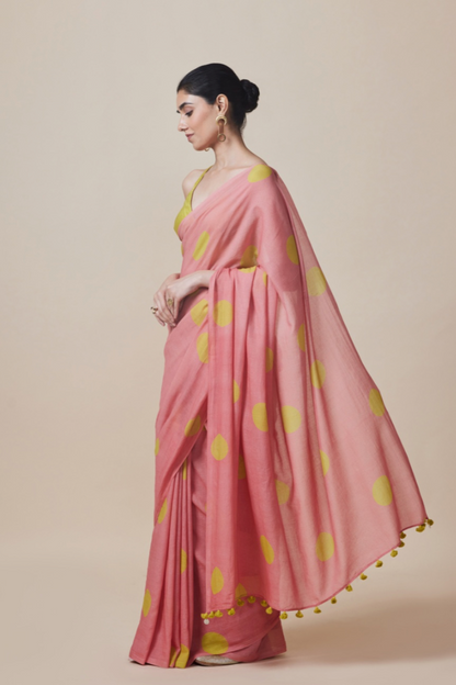 PEACHDIVINE CLAMP DYED YELLOW POLKA SAREE