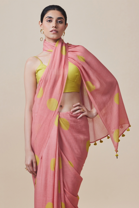 PEACHDIVINE CLAMP DYED YELLOW POLKA SAREE